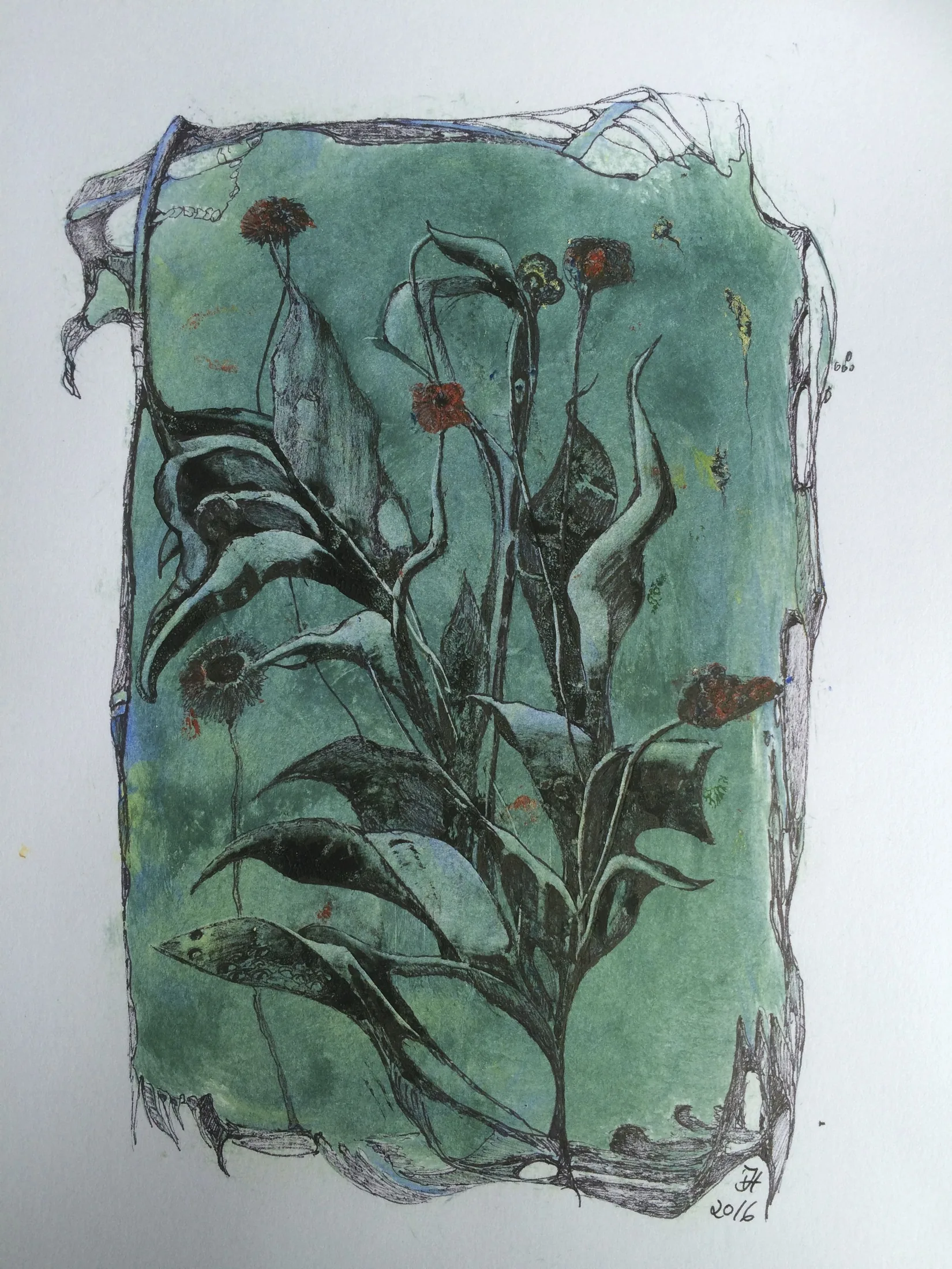 little red flowers,acryl und tusche auf papier,din a 4,2016